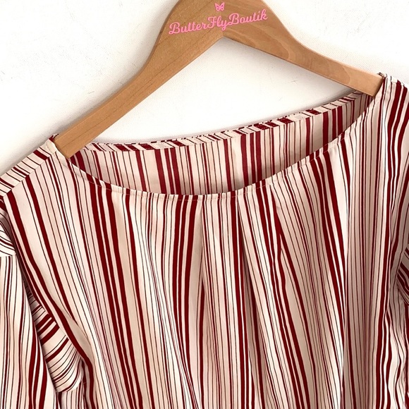 Ofuon Basic Cream & Burgundy Striped 3/4 sleeve Blouse, size M - Picture 2 of 6